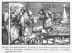 Saksalainen alkemisti, Boethiuksen Filosofian lohdutus, kuvitus tieteestä ja kirjallisuudesta keskiajalla ja renessanssilla, kirjoittanut ja kaivertanut Paul Lacroix, 1878 (s. tekijältä German School