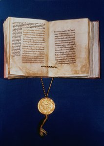 Pyhän Rooman keisarin Kaarle IV:n kultainen bulla, 1400 (vellum ja kulta) tekijältä German School