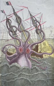 Kraken vetää alas aluksen (värillinen kaiverrus) tekijältä German School