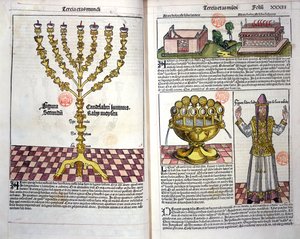 Menora ja heprealainen pappi, Hartmann Schedelin (1440-1514) Nürnbergin kronikasta 1493 (värillinen puupiirros) tekijältä German School