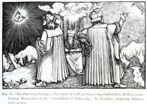 The Planetary Systems, teoksesta The Consolation of Philosophy by Boethius, julkaistu vuonna 1537, kuvitus tieteestä ja kirjallisuudesta keskiajalla ja renessanssilla, kirjoittanut ja kaivertanut Paul Lacr tekijältä German School