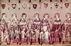 Seitsemän prinssin vaaliruhtinasta valitsivat Henry VII:n, Pyhän Rooman keisarin, kuva Henrik VII:n kronikasta (Balduineum) 1341 (muste ja väri om vellum) tekijältä German School