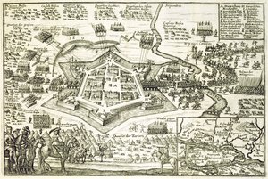 Turkkilaisten Neuhauselin piiritys vuonna 1663, Paul Furstin (n. 1605-1666) kaiverrettu kuva kirjasta ottomaanien sotatoimista Euroopassa tekijältä German School