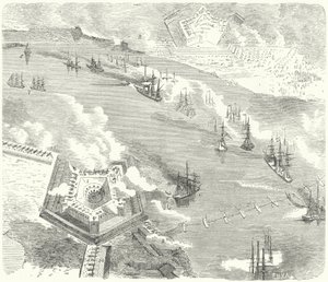 Unionin laivasto hyökkää Fort Jacksoniin ja Fort St Philipiin Louisianassa, Amerikan sisällissota, 1862 tekijältä German School