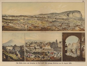 Arica ja Arequipa kaupungit Perussa suuren maanjäristyksen jälkeen 13. elokuuta 1868 (väri litho) tekijältä German School