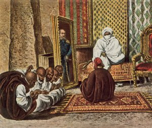 Tutkimusmatkailija Nachtigal vierailee Bornun sheikki Omarin luona, 5. kesäkuuta 1870 (parannettu värilitografia). tekijältä German School