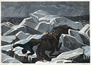 Kreivi Sandorin ja hänen hevosensa putoaminen Tonavan murtuneelle jäälle. Teoksessa "" Wenn Jemand eine Reise thut, so kann er was erzahlen"" (Kun joku matkustaa, tämän hän osaa kertoa), Franz Wiedemannin saksalainen tarina tekijältä German School