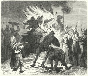 Legendaarinen Ruotsin kuningas Sigurd Hring polttaa Harald Wartoothin ruumista Bravellirin taistelun jälkeen (kaiverrus) tekijältä German School