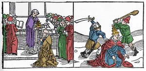 Saint Fabienin marttyyrikuolema (3. vuosisata), paavi kidutettiin sitten katkaistuna keisari Decen hallinnassa. Kaiverrus "Leben der Heiligen - sommerteil" (pyhimysten kirja) Jacobus (James) Voragine (1228-1298). Lyypekki 1488. tekijältä German School
