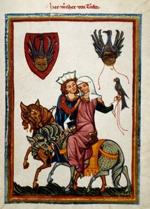 Metsästyksen ilot: Hohenstaufenin kuningas Conradin, Sisilian (Italia) ja Jerusalemin (Israel) kuningas Conrad II nimellä, Swabian herttua Konrad III nimellä ja roomalaisten kuningas Conrad V nimellä (1252) -1268) metsästää haukkaa. Il tekijältä German School
