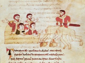 Teatterikohtaus, vasemmalla oleva yleisö taputtaa näyttelijöiden esitykselle Miniatyyri, joka on otettu Rabanus Maurus Magnentiuksen (tai Rabanin) käsikirjoituksesta "" De Universo"" (tai De rerum naturis (Asioiden luonnosta)) (cod. 132). Maur tai Rabano M tekijältä German School