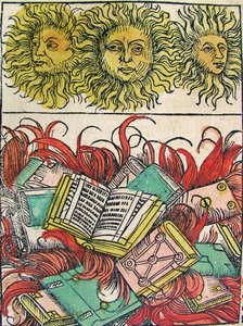 "Kolme aurinkoa ja kirjan polttaminen", julkaistu Nürnberg Chroniclessa, 1493 tekijältä German School