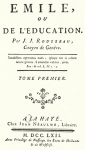Nimisivu Jean-Jacques Rousseaun Emilen ensimmäisestä painoksesta, julkaistu vuonna 1762 (kaiverrus) tekijältä German School