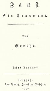Nimisivu Faustin ensimmäisestä painoksesta, kirjoittanut Johann Wolfgang Von Goethe (kaiverrus) tekijältä German School
