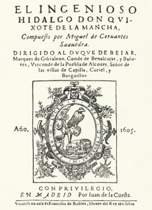 Nimisivu Miguel de Cervantesin romaanin Don Quijote ensimmäisestä painoksesta (kaiverrus) tekijältä German School