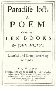 Nimisivu englantilaisen runoilijan John Miltonin vuonna 1667 julkaistusta Paradise Lost -julkaisusta (kaiverrus) tekijältä German School