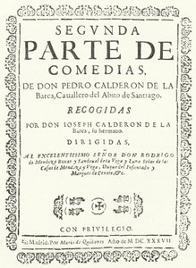 Nimisivu Comedias of Calderonin toisesta neljästä osasta, julkaistu vuonna 1637 (kaiverrus) tekijältä German School