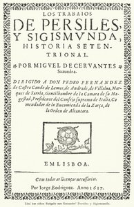 Espanjalaisen kirjailijan Miguel de Cervantesin Persilesin ja Sigismundin teosten (Persilesin ja Sigismundin teokset) ensimmäisen painoksen nimisivu tekijältä German School