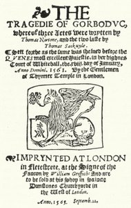 Thomas Nortonin ja Thomas Sackvillen The Tragedie of Gorboducin (1565) ensimmäisen painoksen nimisivu (kaiverrus) tekijältä German School