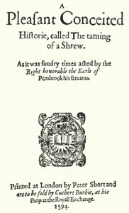 Shakespeare-komedian "The Taming of the Shrew" ensimmäisen painoksen nimisivu (kaiverrus) tekijältä German School