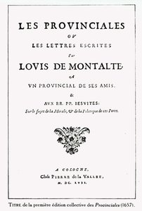 Blaise Pascalin (1623-62) Les Provincialesin nimisivu, Amsterdam, 1657 (muste paperille) tekijältä German School