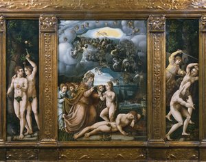 Luomisen triptyykki, Aadam ja Eeva, Eevan luominen, karkotus paratiisista (katso myös 346195, 346197) tekijältä German School