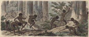 Kaksi Australian aboriginaalien heimoa taistelevat (värillinen kaiverrus) tekijältä German School