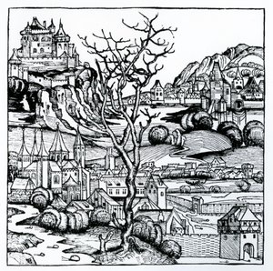 Näkymä Portugaliin Nürnbergin kronikasta 1493 (puupiirros) tekijältä German School
