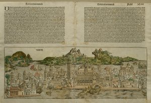 Näkymä Venetsiaan, kuvitus Nürnbergissä 1493 julkaistusta Hartmann Schedelin (1440-1514) Liber Chronicarumista tekijältä German School