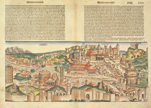 Näkymä Rooman kaupunkiin Hartmann Schedelin (1440-1514) Nürnbergin kronikasta 1493 tekijältä German School