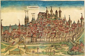 Näkymä Nürnbergin kaupungista, julkaistu Nürnberg Chroniclessa, 1493 tekijältä German School