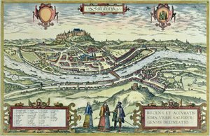 Näkymä Salzburgin kaupunkiin Salzach-joen rannalla Hohensalzburgin linnalla taustalla, "Old European City Scenes" -kuvasta (kaiverrus) tekijältä German School