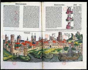 Näkymä Kölnin kaupunkiin, Hartmann Schedelin Nürnbergin kronikasta, 1493 (väripuukaiverrus) tekijältä German School