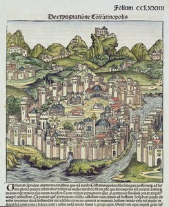 Näkymä muurien ympäröimään Konstantinopolin kaupunkiin, Hartmann Schedelin (1440-1514) Nürnbergin kronikasta 1493 (puupalikka) tekijältä German School