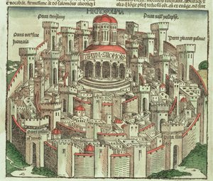 Näkymä muurien ympäröimään Jerusalemin kaupunkiin, jossa näkyy Salomonin temppeli ja kaupungin portit, Hartmann Schedelin (1440-1514) Nürnbergin kronikasta 1493 tekijältä German School