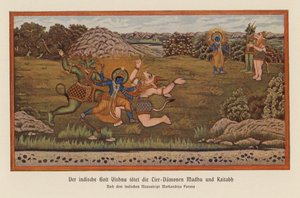 Vishnu tappaa demonit Madhun ja Kaitaban (värilito). tekijältä German School