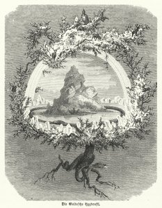 Yggdrasil, pohjoismaisen kosmologian myyttinen saarni (kaiverrus) tekijältä German School