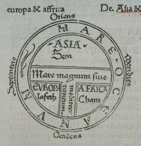 f.177v T-in-O kartta, kohopainopaikannimiä, Isidore of Sevilla, Liber Etimologiarvm