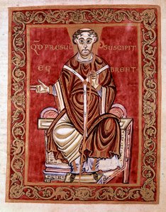 Eveque Egbert de Treves saa psalterin munkki Rudprechtin käsistä (ei esitetä tässä) - Reichenaun koulun Egbertin koodeksin (Codex Egberti) pienoismalli, 980 - Cividale del friuli, museo archeologico tai Cathedrale de Civid tekijältä German School