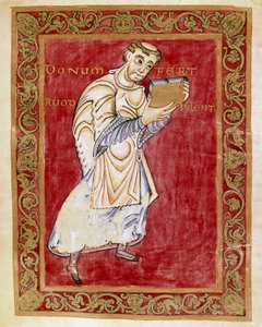 Munkki Ruodprecht vie käsikirjoituksen arkille Egbert de Treves (977-993) Reichenaun koulun Egbertin koodeksin (Codex Egberti) pienoismalli. Cividale del Friuli, Museo Archeologico tai Cathedrale de Cividale tekijältä German School