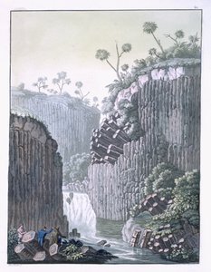 Tutkijat Humboldtin tutkimusmatkan kanssa basalttikallioilla Reglassa, Meksikossa, levy 60 Jules Ferrarion "Le Costume Ancien et Modernesta", julkaistu 1820-30-luvulla