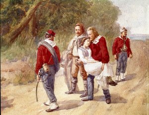 Italialainen patriootti Giuseppe Garibaldi kuljettaa kärjestä kärsivän vaimonsa Anitan Ravennaan vuonna 1849 (Akvarelli)