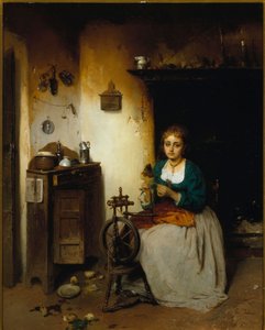 Nuori nainen kehrää villaa, hänen ilmeensä on surullinen ja sisustuksensa kurja. Maalaus Gerolamo (Girolamo) Induno (1825-1890) Dim. 65x52 cm Genes Nervi, Galleria d