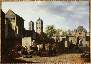 Julkinen suihkulähde ja Pyhän Gereonin kirkko Kölnissä, n. 1670 (öljy puulle). tekijältä Gerrit Adriaensz Berckheyde