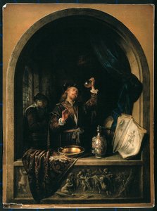Lääkäri tutkii iäkkään naisen virtsanäytettä. tekijältä Gerrit Dou