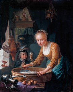 ranska: Jeune fille hachant des oignons Tyttö pilkkoo sipulia tekijältä Gerrit Dou