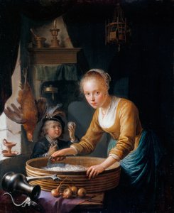 Tyttö pilkkoo sipulia tekijältä Gerrit Dou