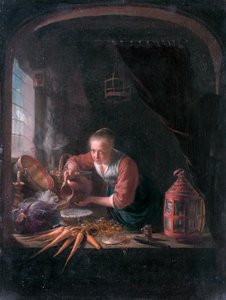 Nuori nainen kaataa vettä kannusta tekijältä Gerrit Dou