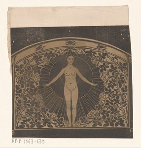 Suunnittelu vuoden 1901 kalenterin kehyksiin, jossa on nainen ja kukkia tekijältä Gerrit Willem Dijsselhof