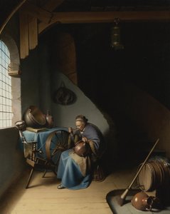 Vanhempi nainen pyörivän pyörän ääressä syömässä puuroa par Dou, Gerard tekijältä Gerrit Dou